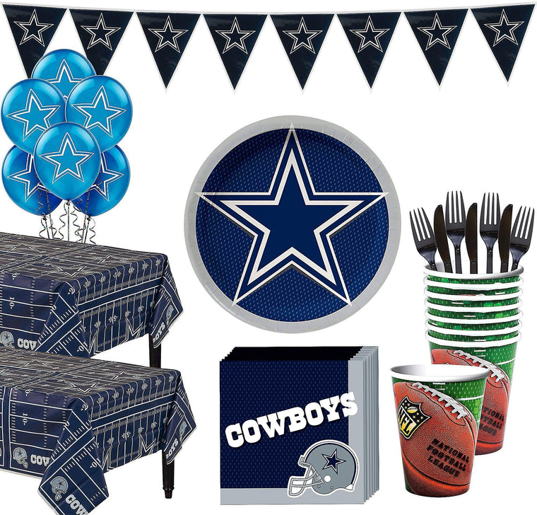 Dallas Cowboys Super Party Supplies by Party City for 36 Guests, Featuring Plates, Napkins, Table Covers, and Balloons